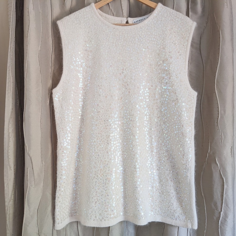 Vintage 90s Kathryn Deene Silk‎ Angora Sequin Sweater Vest Top XL 18/20 Ivory
